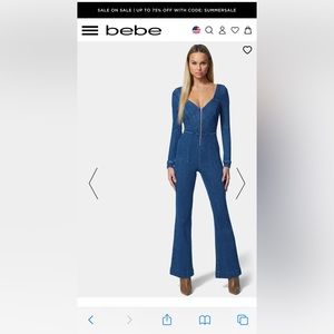 BEBE MULTISTITCH WIDE LEG DENIM JUMPSUIT